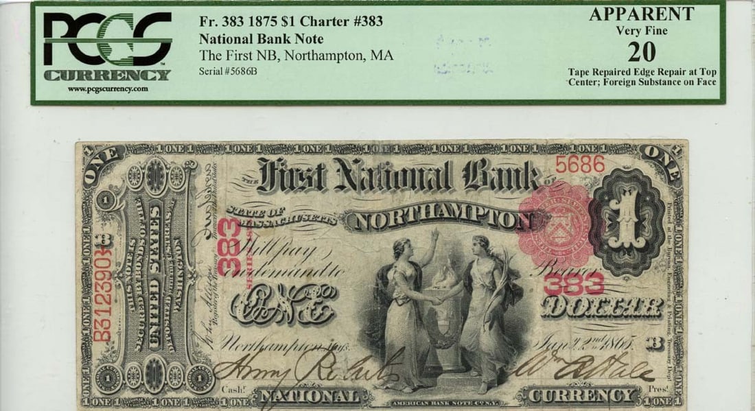 1875 $1 First National Bank Northampton MA PCGS VF20 Currency Note: 1875 $1 First National Bank Northampton MA PCGS VF20 Currency Note This 1875 $1 note from the First National Bank of Northampton, Massachusetts, designated as CH#383, is a notable collectible piece of