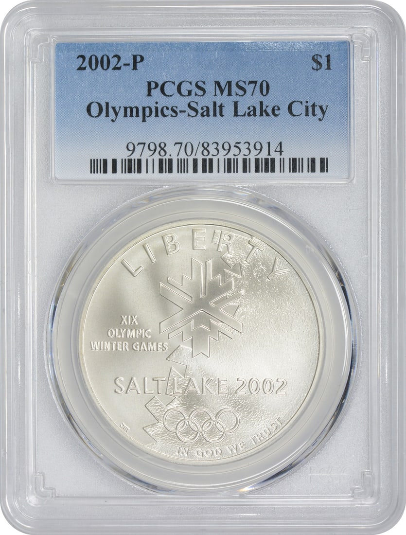 2002 Silver Dollar Salt Lake City Olympics PCGS MS70 Commemorative Coin: 2002 Silver Dollar Salt Lake City Olympics PCGS MS70 Commemorative Coin This 2002-P Salt Lake City Olympics commemorative dollar is a silver coin issued by the United States Mint. Certified by PCGS wi