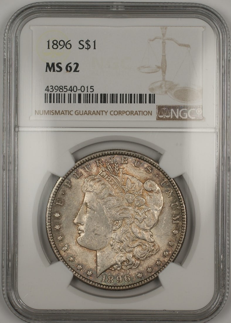 NGC MS-62 1896 Silver Morgan Dollar Toned Philadelphia Mint: NGC MS-62 1896 Silver Morgan Dollar Toned Philadelphia Mint This 1896 Morgan Silver Dollar is graded MS-62 by NGC and features attractive toning. Struck in Philadelphia, the coin is composed of silver