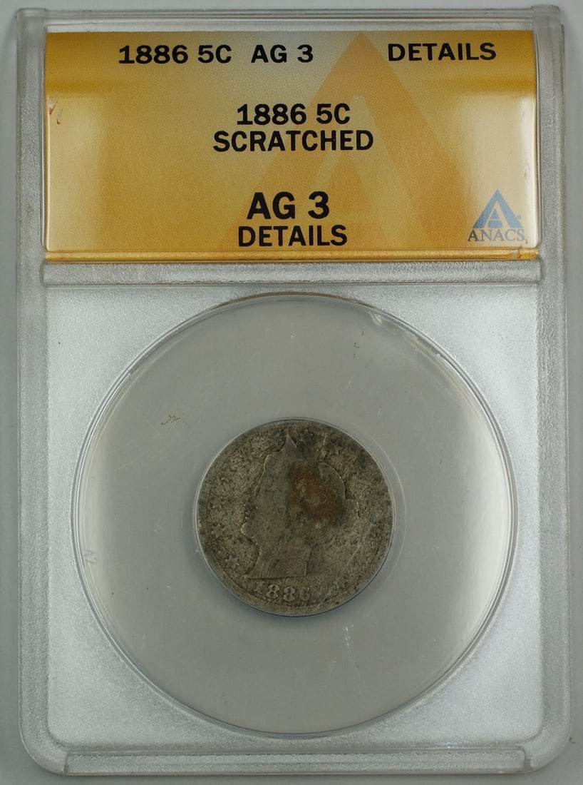 1886 Liberty V Nickel Five Cent ANACS AG-3 Details Scratched: 1886 Liberty V Nickel Five Cent ANACS AG-3 Details Scratched This is an 1886 Liberty V Nickel 5-cent coin graded AG-3 Details by ANACS. The coin is circulated and originates from the Philadelphia Mint