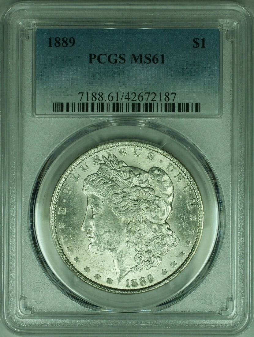 PCGS MS61 1889 Philadelphia Morgan Dollar Silver Coin United States $1: PCGS MS61 1889 Philadelphia Morgan Dollar Silver Coin United States $1 This 1889 Morgan Silver Dollar is a $1 coin certified by PCGS with a grade of MS 61. Minted in Philadelphia, it features an uncir