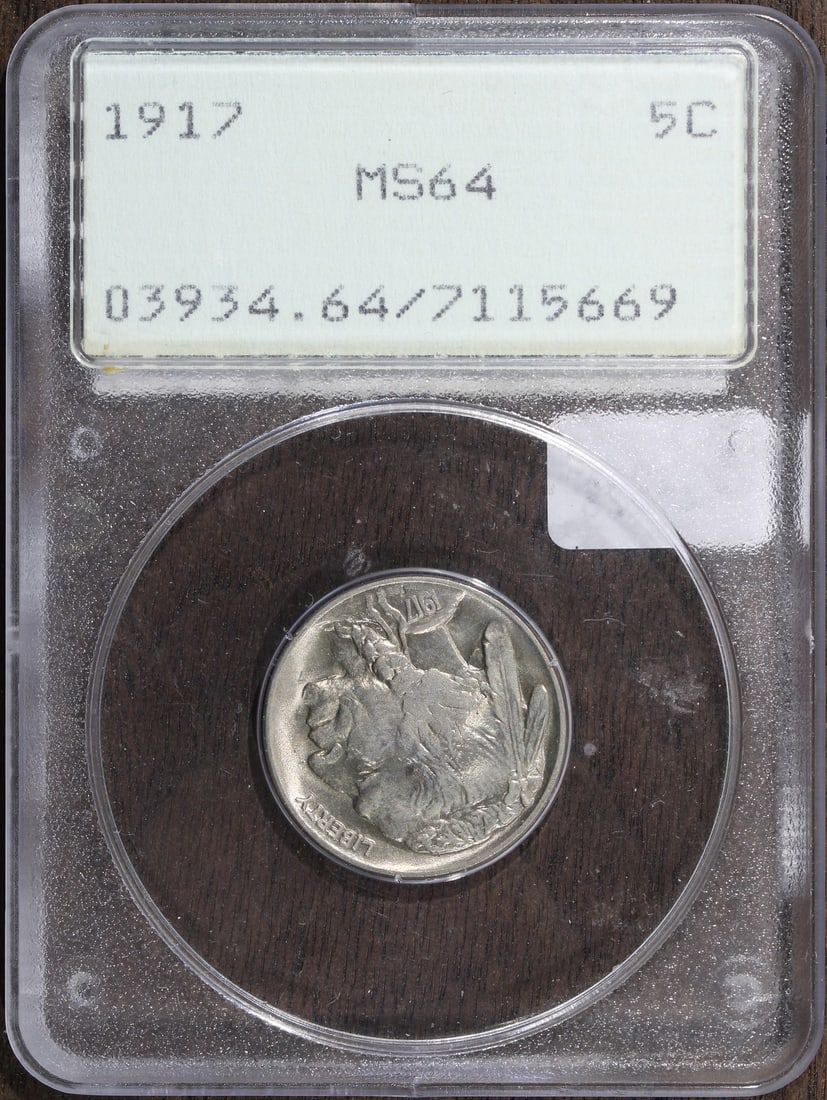 1917 MS64 Buffalo Nickel 5C PCGS Rattler Holder: 1917 MS64 Buffalo Nickel 5C PCGS Rattler Holder This 1917 Buffalo Nickel is an uncirculated coin certified by PCGS with a grade of MS 64. Minted in Philadelphia, this nickel features the iconic Buffal