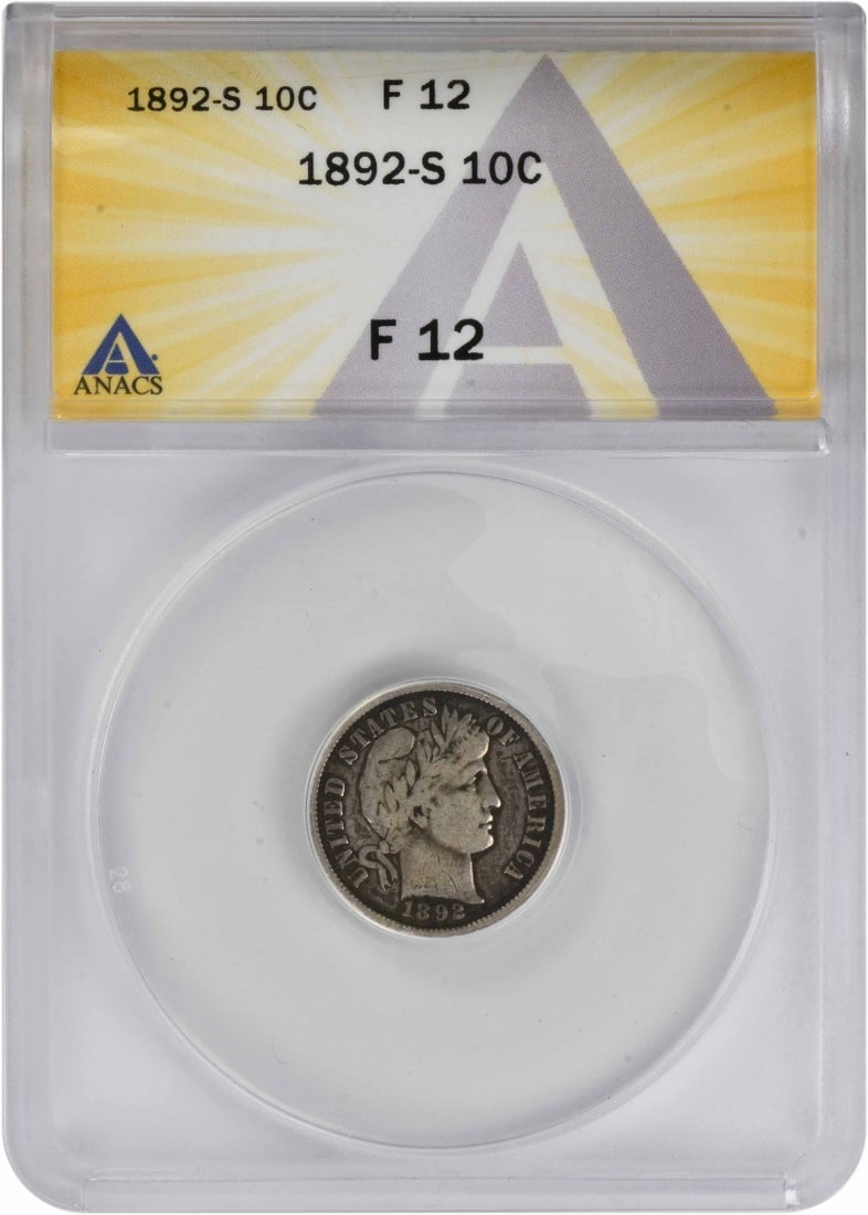San Francisco 1892 Barber Dime 10C ANACS F12 Certified 90 Percent Silver: San Francisco 1892 Barber Dime 10C ANACS F12 Certified 90 Percent Silver This 1892-S Barber Silver Dime is a circulated coin graded F12 by ANACS. Minted in San Francisco, it features the classic Barbe