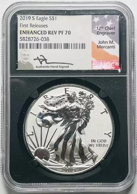 2019 NGC PF 70 Silver Eagle Proof Enhanced First Releases: 2019 NGC PF 70 Silver Eagle Proof Enhanced First Releases This exquisite 2019 S Silver Eagle is certified by NGC with a perfect grade of PF 70, indicating its pristine condition. It is an uncirculated