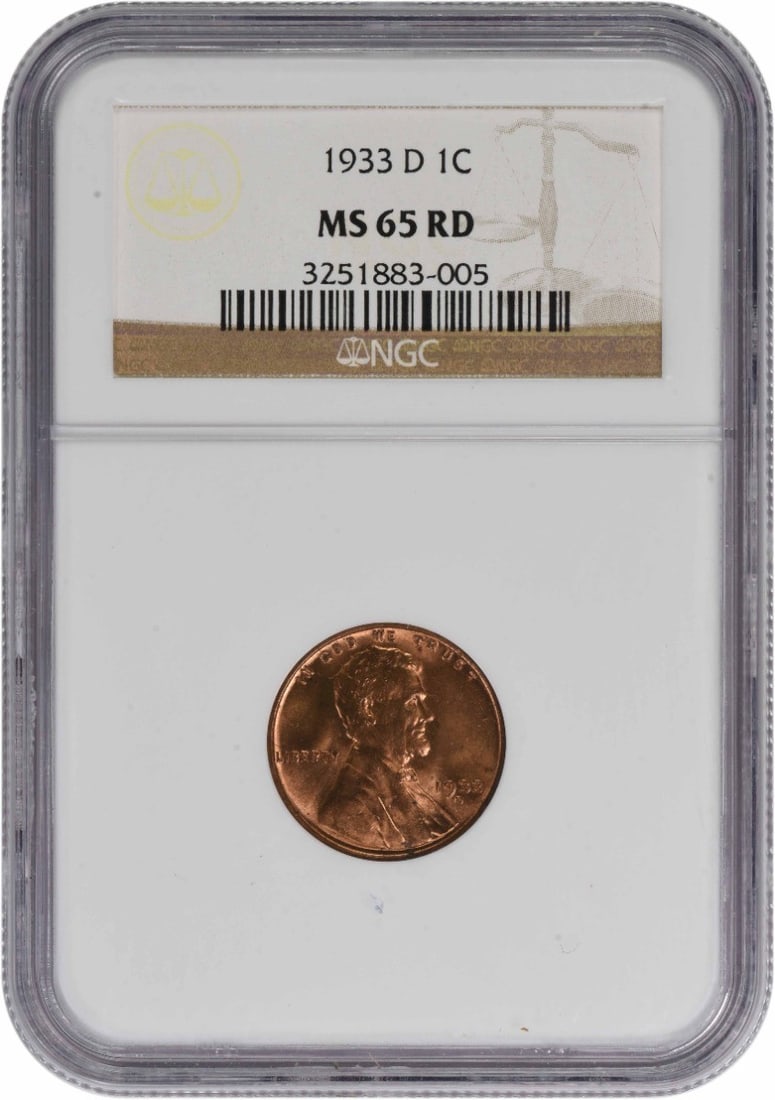 1933-D Lincoln Cent MS65RD NGC Uncirculated Copper Coin: 1933-D Lincoln Cent MS65RD NGC Uncirculated Copper Coin This 1933-D Lincoln Cent is a stunning example of numismatic excellence, graded MS65RD by NGC, indicating its uncirculated condition. Struck in