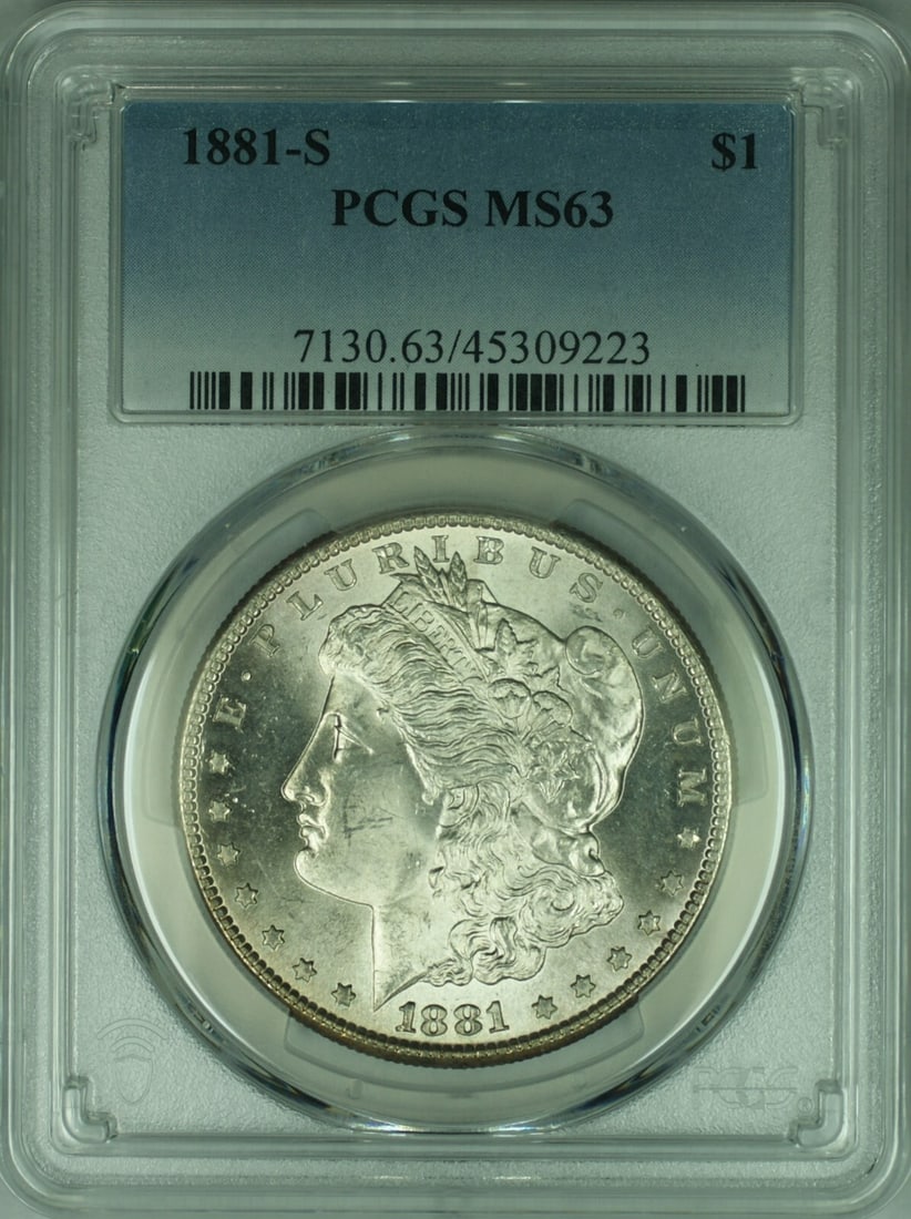 PCGS MS-63 1881 San Francisco Morgan Dollar Silver $1 Coin: PCGS MS-63 1881 San Francisco Morgan Dollar Silver $1 Coin This 1881-S Morgan Silver Dollar coin is certified by PCGS with a grade of MS-63. It was minted in San Francisco and is composed of silver. T