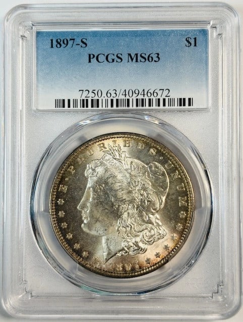 PCGS MS63 1897 San Francisco Morgan Silver Dollar: PCGS MS63 1897 San Francisco Morgan Silver Dollar This 1897 S Morgan Silver Dollar is graded MS-63 by PCGS, indicating an uncirculated coin with minimal marks. Minted in San Francisco and composed of