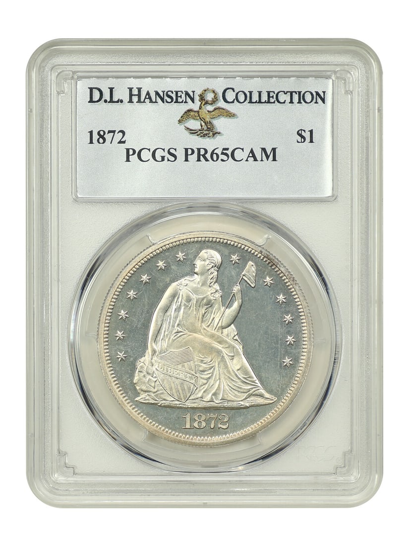 1872 Liberty Seated Dollar $1 PCGS PR65CAM Limited Mintage: 1872 Liberty Seated Dollar $1 PCGS PR65CAM Limited Mintage This 1872 $1 Liberty Seated Dollar is an exquisite piece certified by PCGS with a PR65CAM grade, signifying its exceptional quality. With a m
