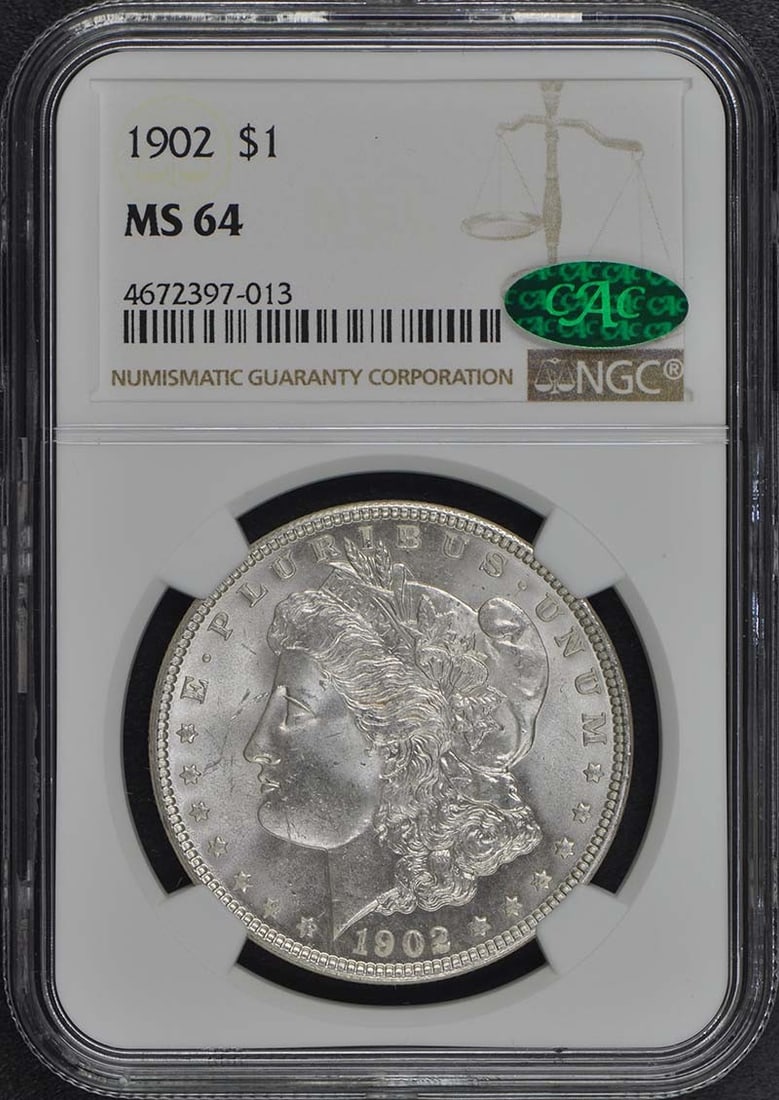 1902 Morgan Dollar NGC MS64 CAC Uncirculated Coin: 1902 Morgan Dollar NGC MS64 CAC Uncirculated Coin This 1902 Morgan Dollar is a remarkable piece, certified by NGC with a grade of MS64. It is an uncirculated coin from the Philadelphia mint, showcasin