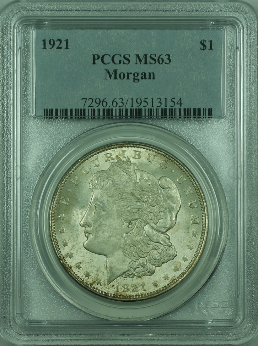 1921 $1 Morgan Dollar Philadelphia Mint PCGS MS63 Silver Coin: 1921 $1 Morgan Dollar Philadelphia Mint PCGS MS63 Silver Coin This is a 1921 Morgan Silver Dollar coin, certified by PCGS with a grade of MS-63. The coin is uncirculated and was minted in Philadelphia