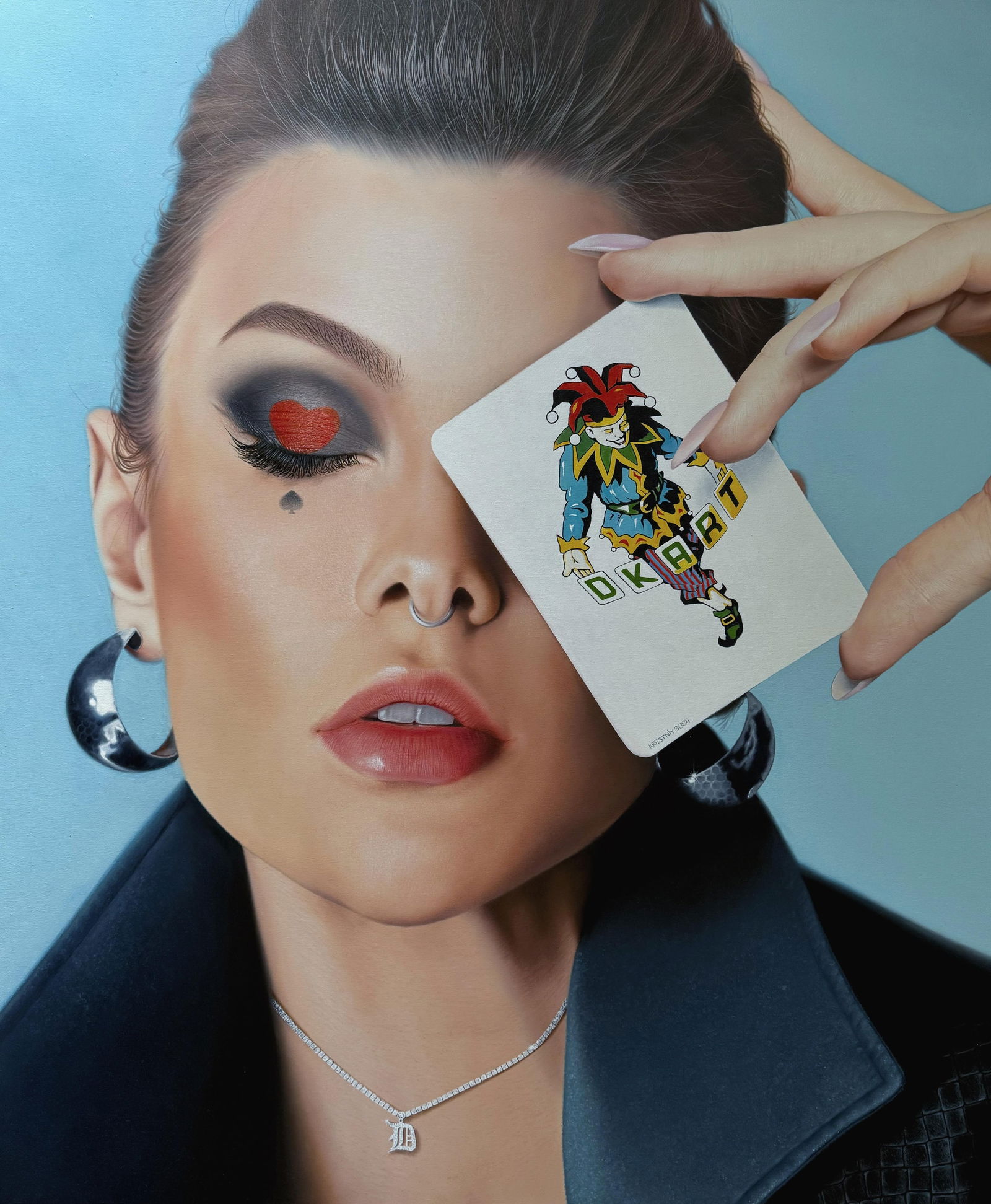 Dmitriy Krestniy The Game #2 Portrait Oil Painting 47 x 39 inch: Dmitriy Krestniy The Game #2 Portrait Oil Painting 47 x 39 inch "The Game #2" is a stunning portrait oil painting created by Dmitriy Krestniy in 2024. This artwork measures 47 inches in height and 39