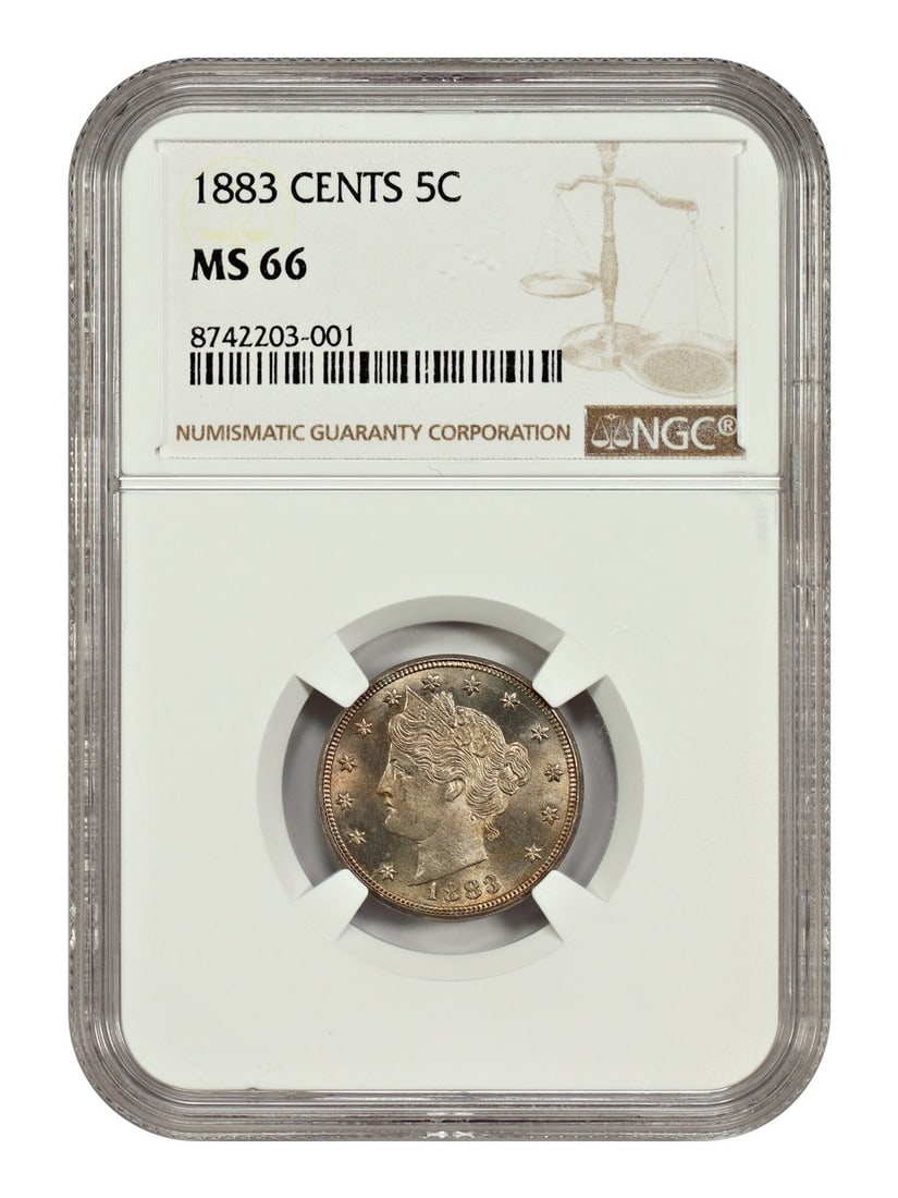 1883 Liberty Nickel 5C NGC MS66 Uncirculated Sienna Hues: 1883 Liberty Nickel 5C NGC MS66 Uncirculated Sienna Hues This 1883 Liberty Nickel is an exceptional example of numismatic artistry, certified by NGC with a grade of MS66. This uncirculated coin showca