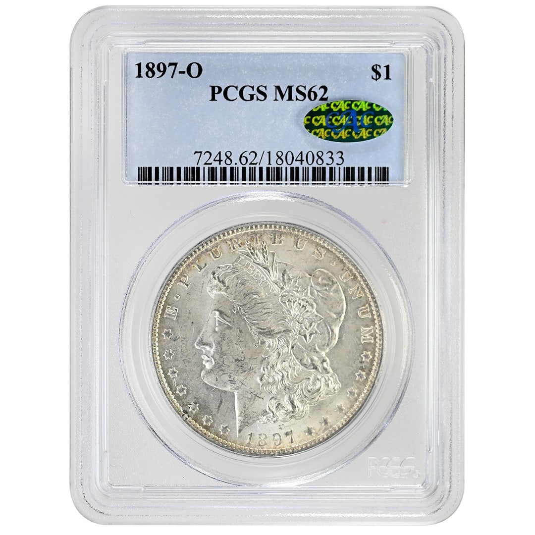 PCGS MS62 CAC 1897-O Morgan Silver Dollar New Orleans Mint Uncirculated: PCGS MS62 CAC 1897-O Morgan Silver Dollar New Orleans Mint Uncirculated This 1897-O Morgan Dollar is a rare silver coin minted in New Orleans. Graded MS62 by PCGS and approved by CAC, it features ligh