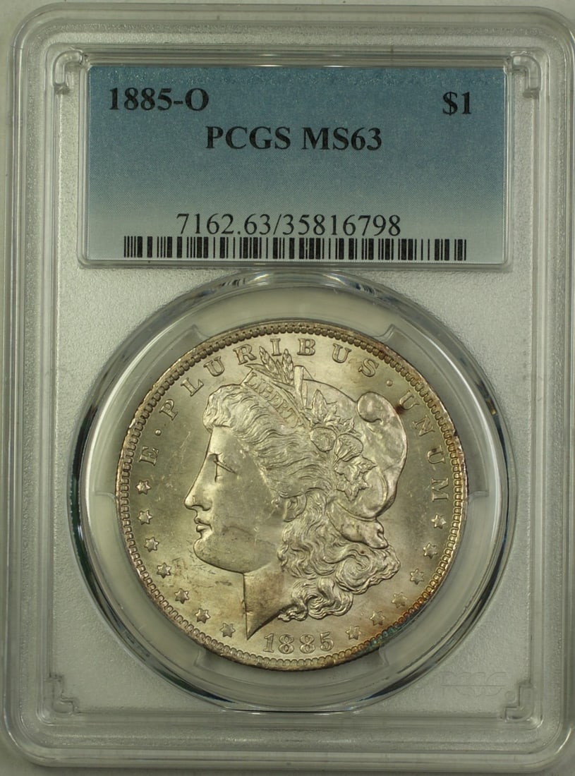 PCGS MS-63 1885-O Morgan Dollar Silver $1 Coin Light Toning New Orleans Mint: PCGS MS-63 1885-O Morgan Dollar Silver $1 Coin Light Toning New Orleans Mint This is an 1885-O Morgan Silver Dollar $1 coin, certified by PCGS with a grade of MS-63. The coin is composed of silver, wa