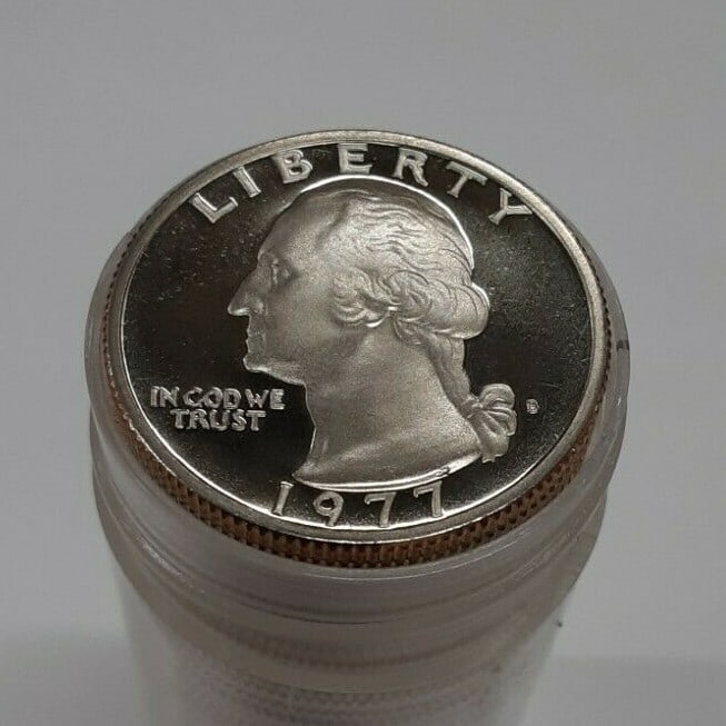 Roll of 40 1977-S Proof Washington Clad Quarters Uncirculated: Roll of 40 1977-S Proof Washington Clad Quarters Uncirculated This roll contains 40 uncirculated 1977-S Washington Clad Proof Quarters, each struck at the San Francisco Mint. The coins are composed of