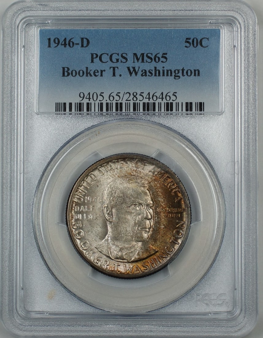 PCGS MS-65 1946-D Silver Half Dollar Booker T. Washington Denver Mint: PCGS MS-65 1946-D Silver Half Dollar Booker T. Washington Denver Mint This is a 1946-D Booker T. Washington silver half dollar coin graded MS-65 by PCGS. The coin is uncirculated, features attractive