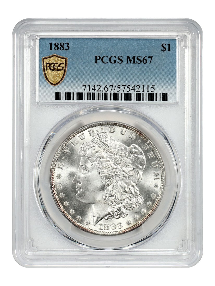 PCGS MS67 1883 Uncirculated Morgan Silver Dollar: PCGS MS67 1883 Uncirculated Morgan Silver Dollar This 1883 Morgan Dollar is graded MS67 by PCGS and features frosty, smooth surfaces with exceptional eye appeal. The obverse is untoned, while the reve