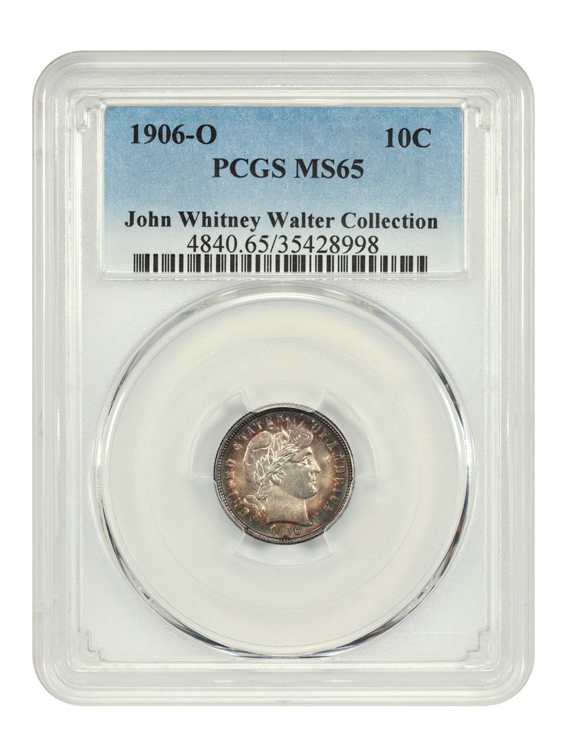 PCGS MS65 1906-O Barber Dime from Josh Whitney Walter Collection: PCGS MS65 1906-O Barber Dime from Josh Whitney Walter Collection This is a 1906-O Barber Dime graded MS65 by PCGS, originating from the New Orleans Mint. The coin features complex and attractive origi