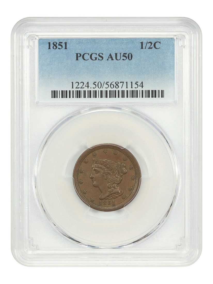 Braided Hair 1851 Half Cent PCGS AU50 Certified Type Coin: Braided Hair 1851 Half Cent PCGS AU50 Certified Type Coin This 1851 Braided Hair Half Cent is certified by PCGS with a grade of AU50. It features the classic Braided Hair design and was struck in Phil