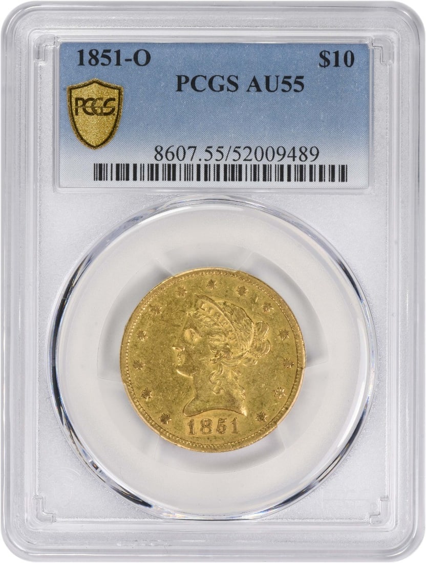 1851-O $10 Gold Liberty Head AU55 PCGS Certified Coin: 1851-O $10 Gold Liberty Head AU55 PCGS Certified Coin This 1851-O $10 Gold Liberty Head coin is a remarkable piece of American history, featuring a stunning design by Christian Gobrecht. Struck at the