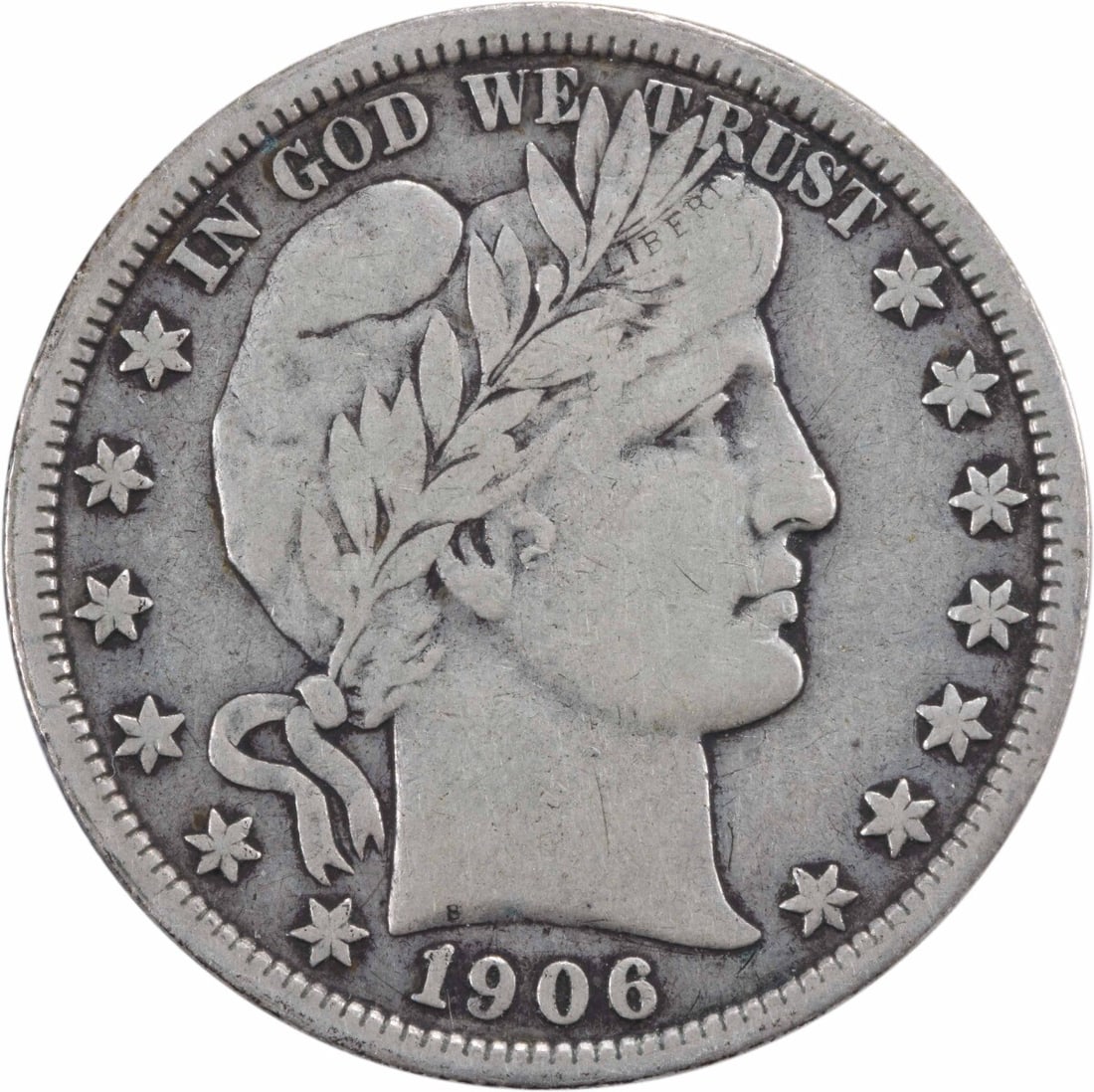 1906-O Barber Half Dollar VF 90% Silver Uncertified US Coin: 1906-O Barber Half Dollar VF 90% Silver Uncertified US Coin This 1906-O Barber Silver Half Dollar is a circulated coin from the United States, minted in New Orleans. Designed by Charles E. Barber, the