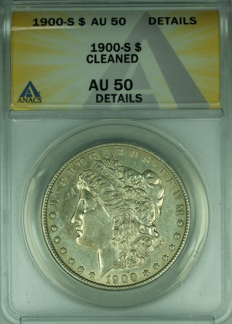 ANACS AU-50 1900-S Morgan Dollar Silver Coin San Francisco Cleaned: ANACS AU-50 1900-S Morgan Dollar Silver Coin San Francisco Cleaned This is a 1900-S Morgan Silver Dollar $1 coin, graded AU-50 Details by ANACS with a noted cleaned surface. Minted in San Francisco, t