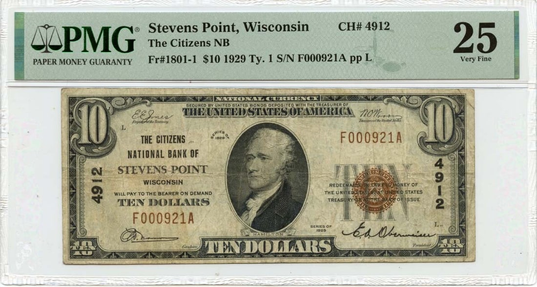 1929 $10 National Bank Note Stevens Point WI PMG VF25: 1929 $10 National Bank Note Stevens Point WI PMG VF25 This 1929 $10 National Bank Note from Stevens Point, WI, is a remarkable piece of currency history. Graded as VF25 by PMG, it features a well-pres