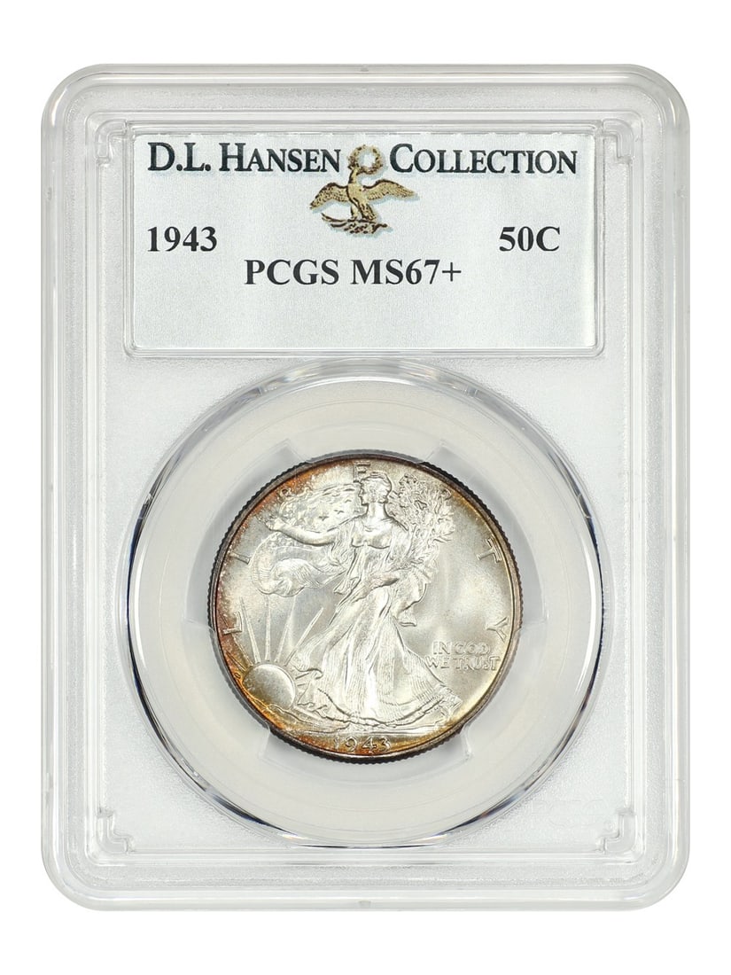 PCGS MS67 Plus Walking Liberty Half Dollar 1943 ex D L Hansen: PCGS MS67 Plus Walking Liberty Half Dollar 1943 ex D L Hansen This is a 1943 Walking Liberty Half Dollar, certified by PCGS with a grade of MS67+. This uncirculated coin features frosty luster and wel