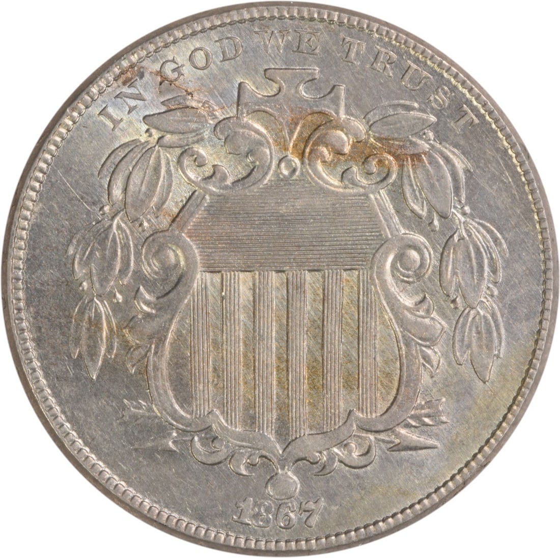 Choice Brilliant Uncirculated 1867 Shield Nickel Five Cent Uncertified No Rays: Choice Brilliant Uncirculated 1867 Shield Nickel Five Cent Uncertified No Rays This is an 1867 Shield Nickel No Rays from the United States. The coin is uncertified and is a Choice BU grade, indicatin