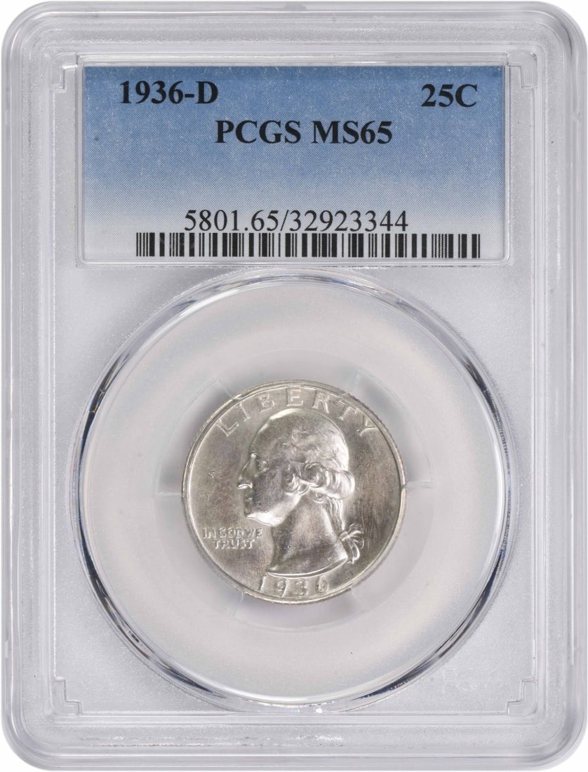 PCGS MS65 1936-D Washington Quarter 90 Percent Silver Uncirculated: PCGS MS65 1936-D Washington Quarter 90 Percent Silver Uncirculated This 1936-D Washington Quarter is composed of 90% silver and 10% copper. Graded MS65 by PCGS, it is an uncirculated coin minted in De