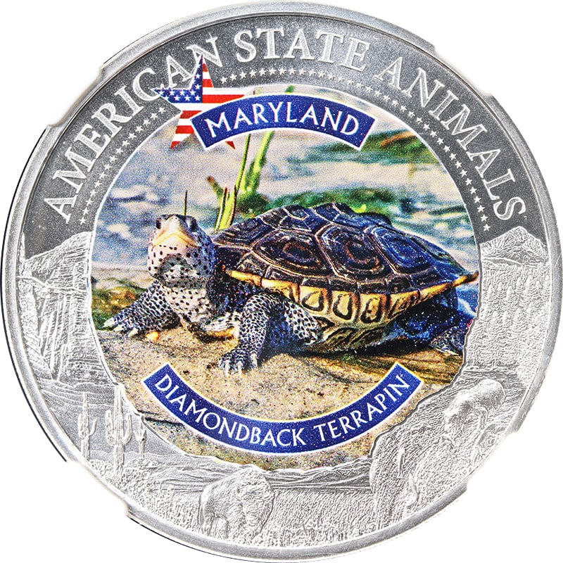 Maryland Diamondback Terrapin 2022 1oz Silver $5 Coin NGC MS70: Maryland Diamondback Terrapin 2022 1oz Silver $5 Coin NGC MS70 This 2022 Cook Island 1oz Silver $5 coin features the Maryland Diamondback Terrapin and is graded NGC MS70. The coin is uncirculated, mad