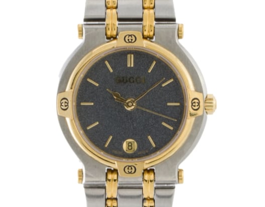 Ladies 2-Tone Bracelet Watch with Grey Dial Ref 9000M: Ladies 2-Tone Bracelet Watch with Grey Dial Ref 9000M This ladies' Gucci watch features a grey dial and a two-tone bracelet for a classic, versatile look. The reference number is 9000M, and it is part