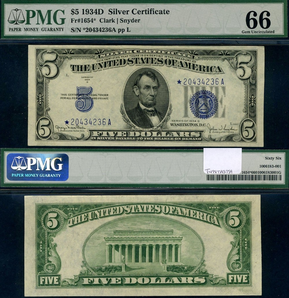 1934-D $5 Silver Certificate Wide I Block PMG CU66 Gem: 1934-D $5 Silver Certificate Wide I Block PMG CU66 Gem This 1934-D $5 Silver Certificate (FR. 1654*) is graded as CU66 by PMG, showcasing exceptional paper quality and vibrant colors. The note exhibit