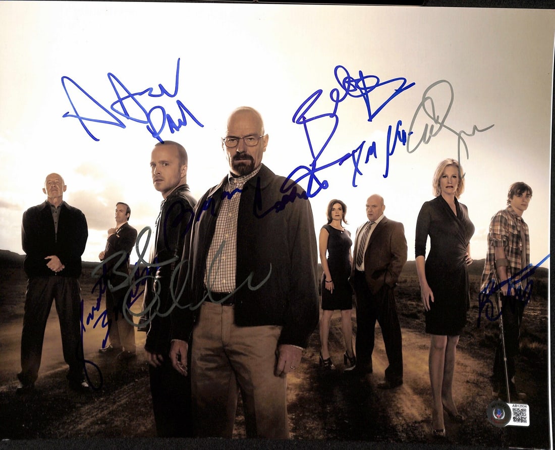 Breaking Bad Full Cast Autographed 11x14 Photo Beckett Authenticated: Breaking Bad Full Cast Autographed 11x14 Photo Beckett Authenticated This is an autographed 11x14 photograph featuring the full cast of the acclaimed TV series Breaking Bad. The photograph is signed b