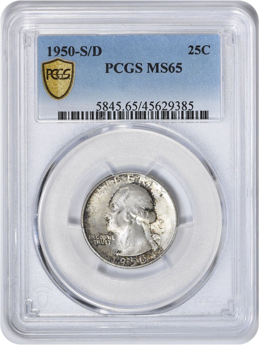 PCGS MS65 1950 S Over D Washington 90% Silver Quarter: PCGS MS65 1950 S Over D Washington 90% Silver Quarter This is a 1950-S/D Washington Quarter, certified MS65 by PCGS. Struck at the San Francisco Mint, this uncirculated coin features a composition of