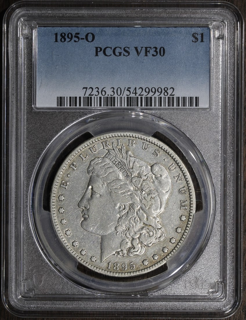 PCGS VF30 1895-O Morgan Dollar Key Silver Coin: PCGS VF30 1895-O Morgan Dollar Key Silver Coin This is a 1895-O Morgan Silver Dollar graded VF30 by PCGS. Minted in New Orleans, this coin is composed of 90% silver and is recognized as a key date for