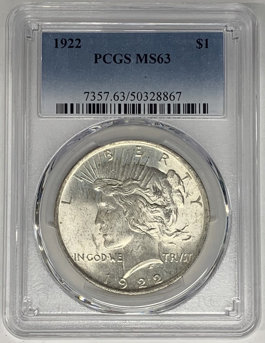 Set of 10 1922 Peace Dollar Silver Coins PCGS MS 63 Certified: Set of 10 1922 Peace Dollar Silver Coins PCGS MS 63 Certified This 1922 Peace Silver Dollar coin is certified by PCGS with a grade of MS 63. It is an uncirculated coin composed of silver, originating