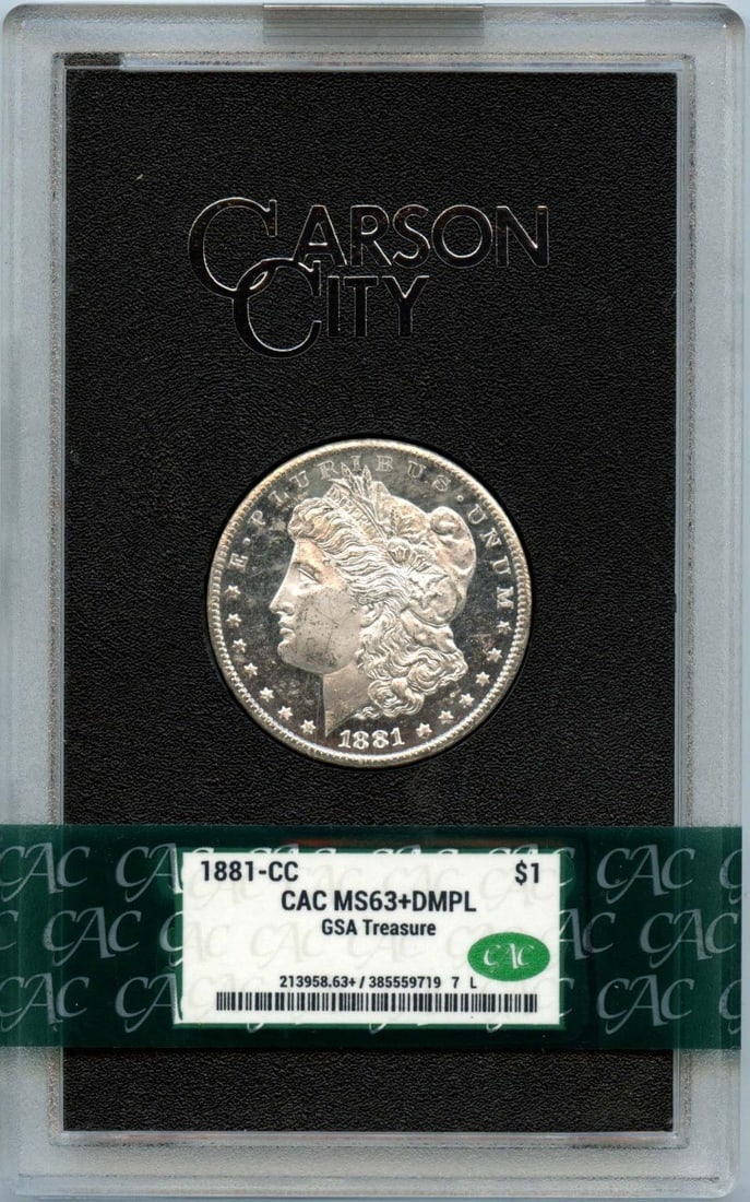 1881-CC Morgan Dollar GSA Hoard CACG MS63+ DMPL: 1881-CC Morgan Dollar GSA Hoard CACG MS63+ DMPL This stunning 1881-CC Morgan Dollar is a part of the GSA HOARD, showcasing exceptional quality. Certified by CACG with a grade of MS63+, this coin is un