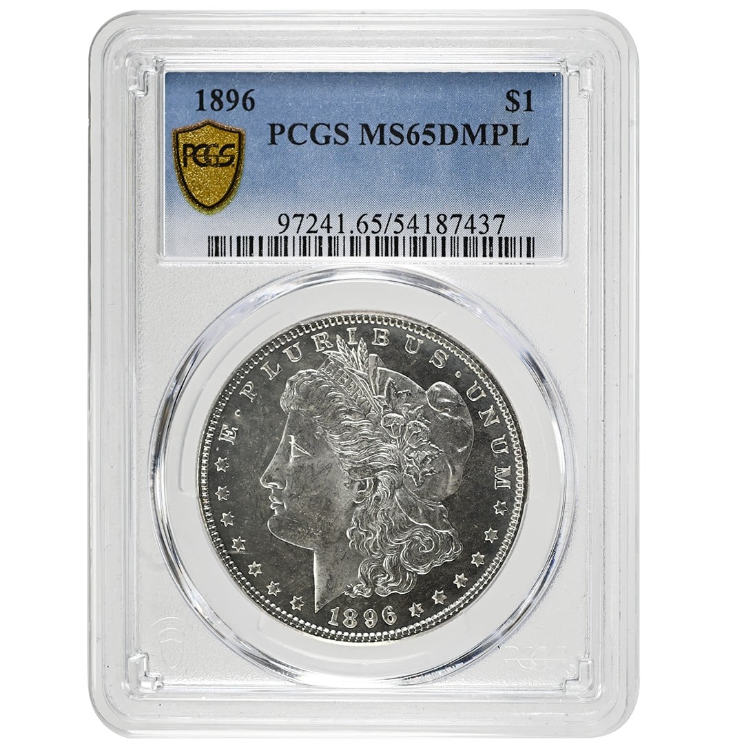 PCGS MS65DMPL 1896 Morgan Silver Dollar Deep Mirror Proof-Like: PCGS MS65DMPL 1896 Morgan Silver Dollar Deep Mirror Proof-Like This is an 1896 Morgan Dollar from the Philadelphia Mint, graded MS65DMPL by PCGS. Struck in silver, this un-used coin features a Deep Mi