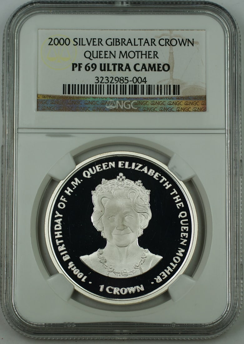 NGC PF-69 2000 Gibraltar Silver Crown Proof Honoring Elizabeth Queen Mother: NGC PF-69 2000 Gibraltar Silver Crown Proof Honoring Elizabeth Queen Mother This 2000 Gibraltar Silver Crown Proof Coin features a design honoring Elizabeth, the Queen Mother. Graded PF-69 Ultra Cameo