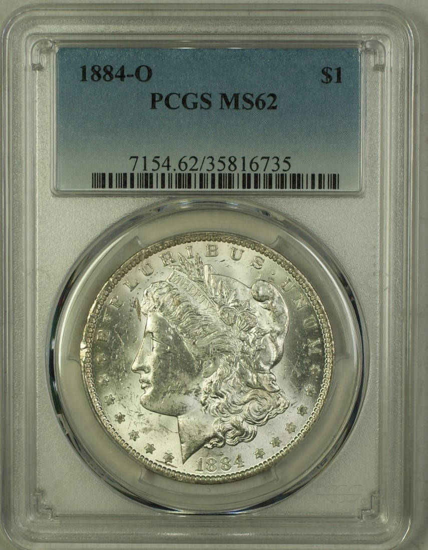 PCGS MS-62 1884-O Morgan Dollar Silver Coin from New Orleans Mint: PCGS MS-62 1884-O Morgan Dollar Silver Coin from New Orleans Mint This 1884-O Morgan Silver Dollar features a $1 denomination and was minted in New Orleans. Certified by PCGS with a grade of MS 62, th