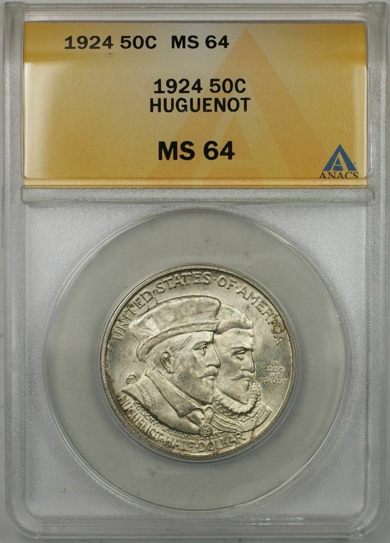 ANACS MS 64 1924 Huguenot Silver Half Dollar 50C Commemorative Coin: ANACS MS 64 1924 Huguenot Silver Half Dollar 50C Commemorative Coin This is a 1924 Huguenot Commemorative Silver Half-Dollar coin from the United States, minted in Philadelphia. The coin is certified