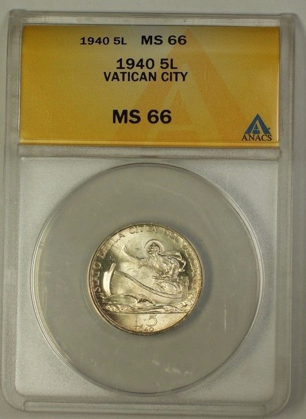 1940 Silver Five Lira Coin from Vatican City ANACS MS-66 Certified: 1940 Silver Five Lira Coin from Vatican City ANACS MS-66 Certified This 1940 Vatican City Five Lira coin is composed of silver and has been graded MS 66 by ANACS, reflecting its gem quality. Originati