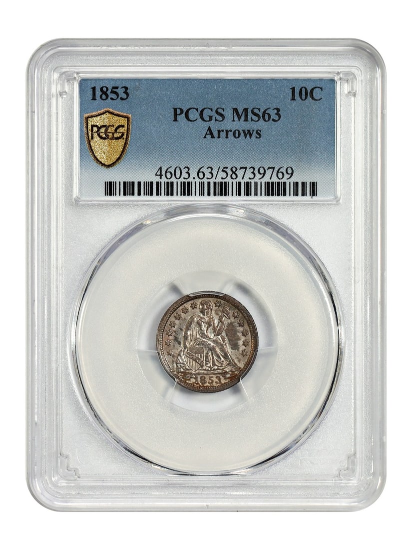 Liberty Seated Dime 1853 Arrows PCGS MS63 Certified 10C Coin: Liberty Seated Dime 1853 Arrows PCGS MS63 Certified 10C Coin This 1853 Liberty Seated Dime features arrows at the date, signifying a weight adjustment in the planchet for that year. Graded MS63 by PCG