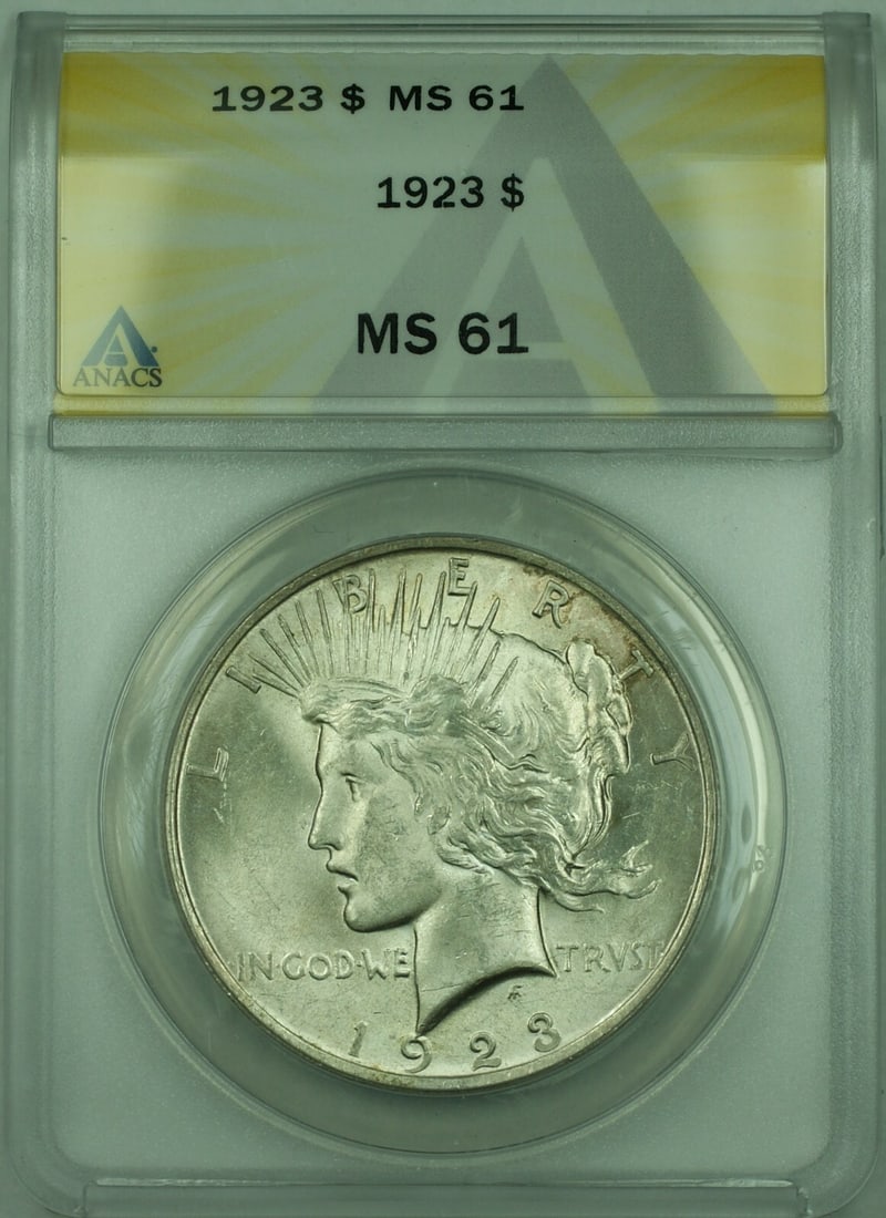 ANACS MS-61 Certified 1923 Peace Silver Dollar Uncirculated Coin: ANACS MS-61 Certified 1923 Peace Silver Dollar Uncirculated Coin This is a 1923 Peace Silver Dollar $1 coin certified by ANACS with a grade of MS 61. The coin was minted in Philadelphia, United States