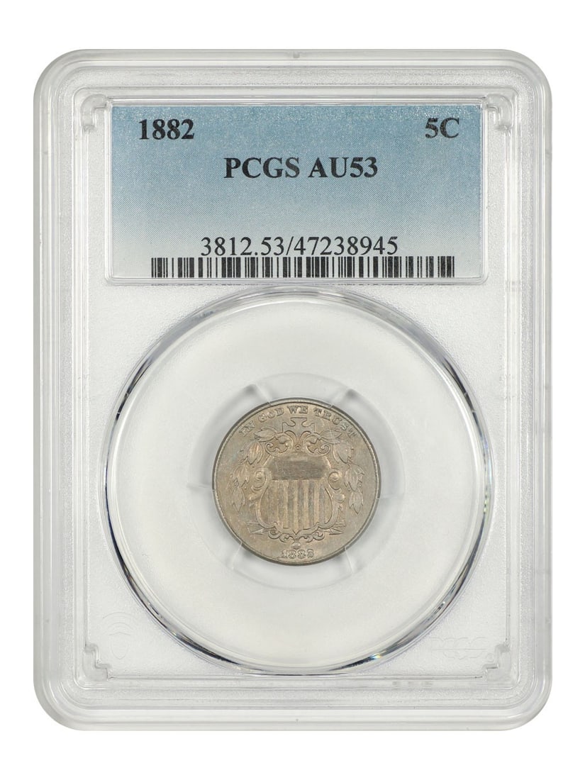 1882 Shield Nickel 5C PCGS AU53 Certified Coin: 1882 Shield Nickel 5C PCGS AU53 Certified Coin This 1882 Shield Nickel is a classic piece of American numismatics, graded AU53 by PCGS, ensuring its quality and authenticity. The coin, with a denomina