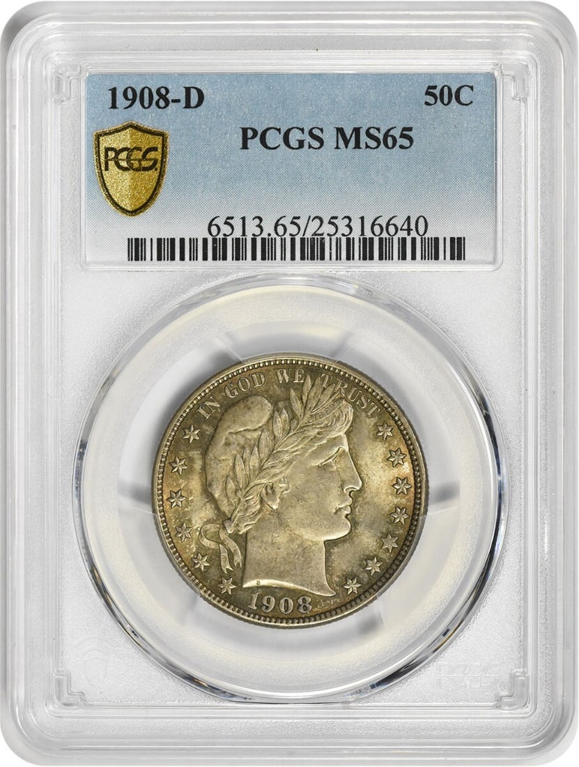1908-D Barber Silver Half Dollar MS65 PCGS Uncirculated Coin: 1908-D Barber Silver Half Dollar MS65 PCGS Uncirculated Coin This 1908-D Barber Silver Half Dollar is a remarkable piece, certified by PCGS with a grade of MS65, indicating its uncirculated condition.