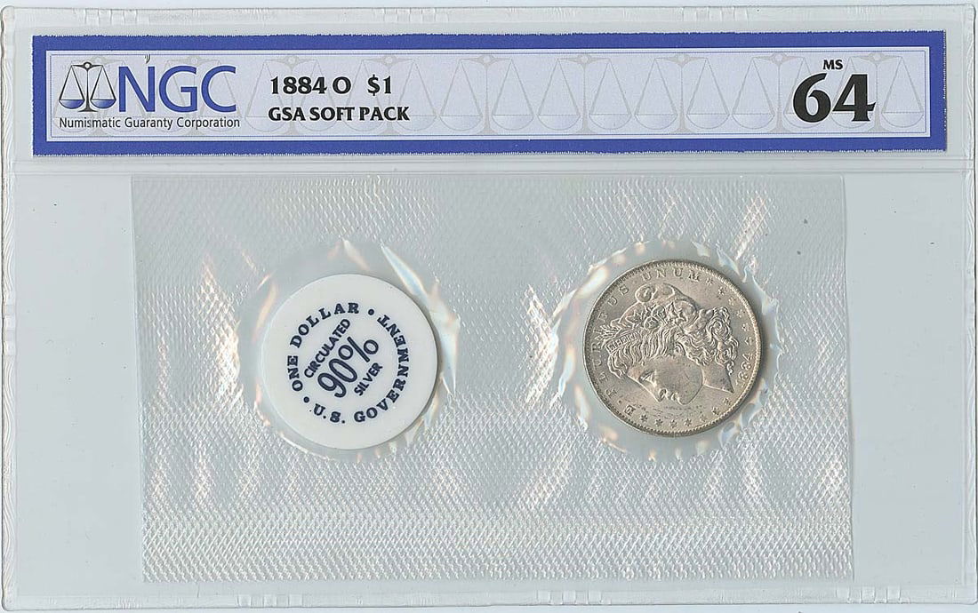 NGC MS64 1884-O Morgan Dollar GSA Soft Pack Silver Coin: NGC MS64 1884-O Morgan Dollar GSA Soft Pack Silver Coin This is an 1884-O Morgan Dollar presented in a GSA soft pack and certified by NGC with a grade of MS64. The coin is uncirculated and was minted