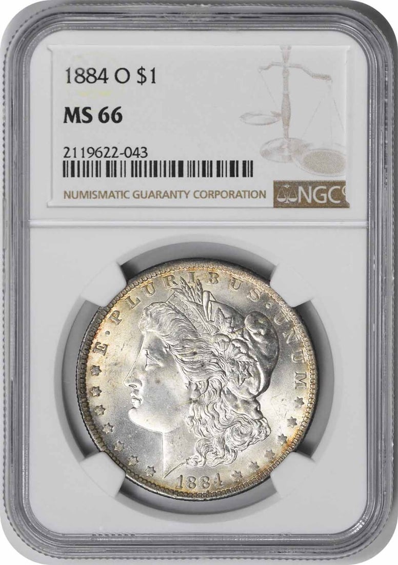 NGC MS66 1884 New Orleans Morgan Dollar 90 Percent Silver: NGC MS66 1884 New Orleans Morgan Dollar 90 Percent Silver This 1884-O Morgan Silver Dollar is graded MS66 by NGC and features a composition of 90% silver and 10% copper. Minted in New Orleans, this un