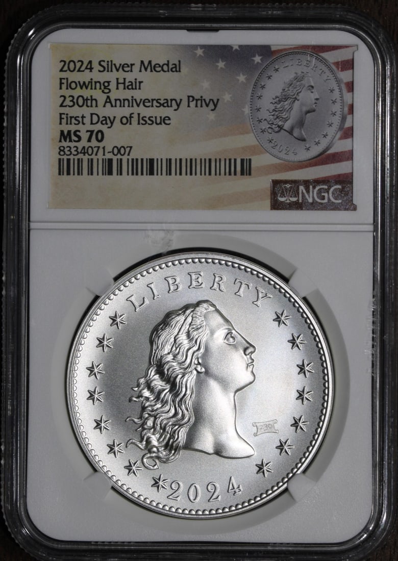 2024 MS70 Flowing Hair Silver Medal NGC First Day of Issue: 2024 MS70 Flowing Hair Silver Medal NGC First Day of Issue This exquisite 2024 Flowing Hair Silver Medal features a stunning privy mark design. Crafted from .999 fine silver, this coin is graded MS 70